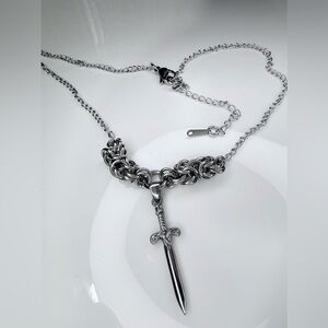 stainless steel sword necklace with chainmaille accent